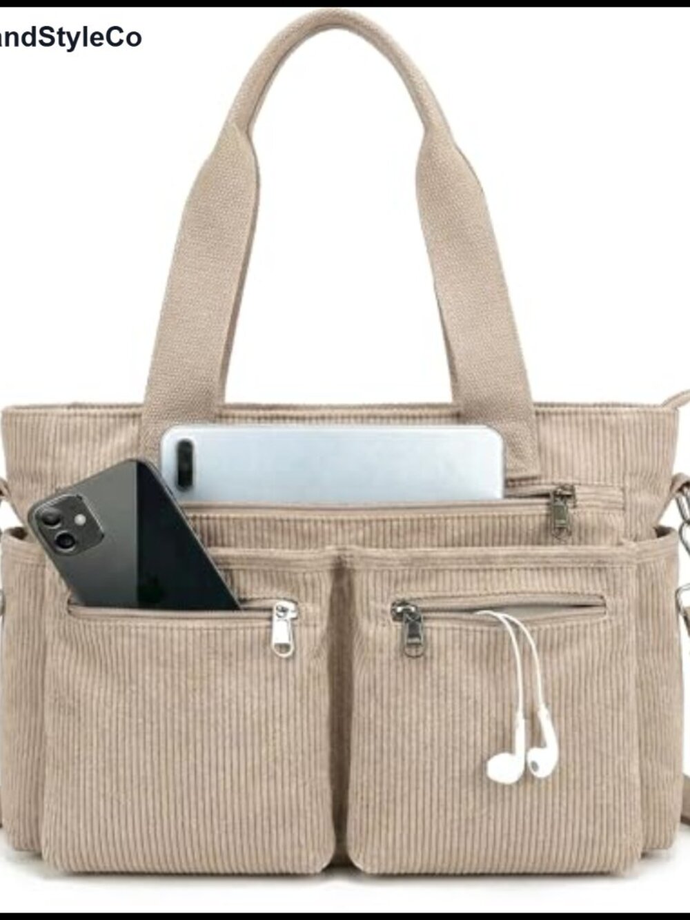 Corduroy Tote Bag with Pockets for Women - Large Laptop Crossbody Purse, Work